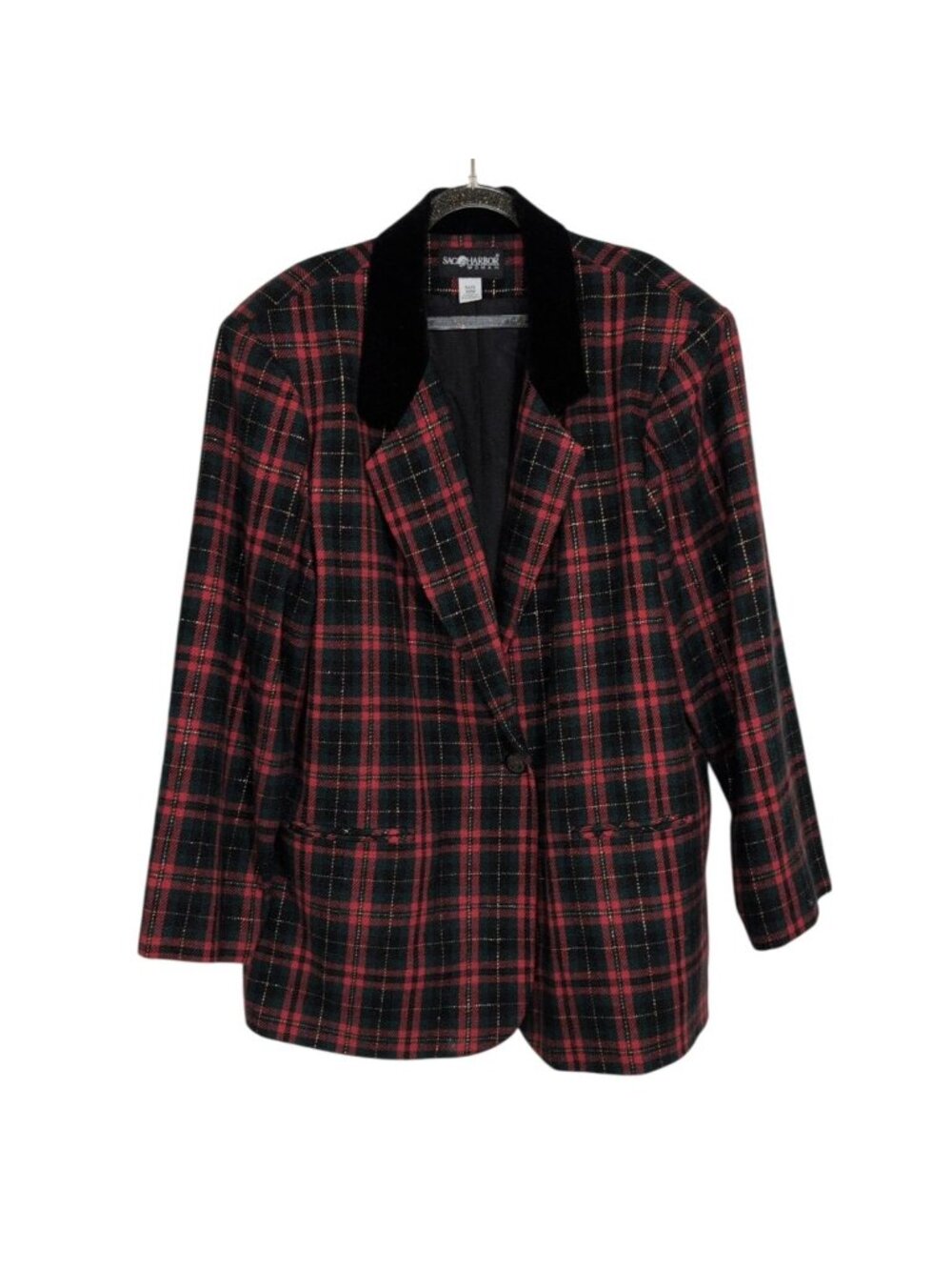 Vintage Christmas Plaid Blazer Womens Plus Size 18W Red Metallic Wool Blend